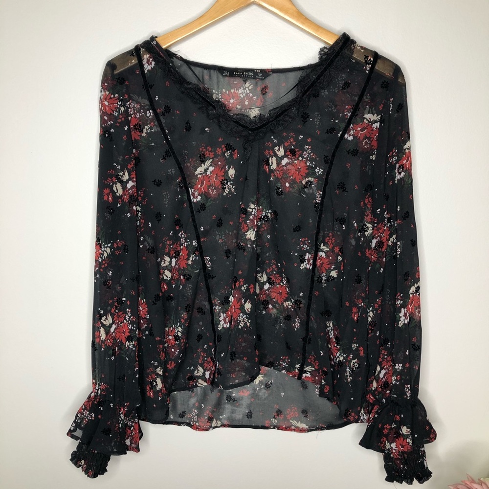 ZARA BASIC Sheer Black Floral Ruffle Top-sz M - Picture 7 of 7